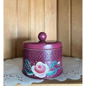 Vintage Hand-Painted Floral Decorative Toleware Lidded Tin Box Cannister Vanity